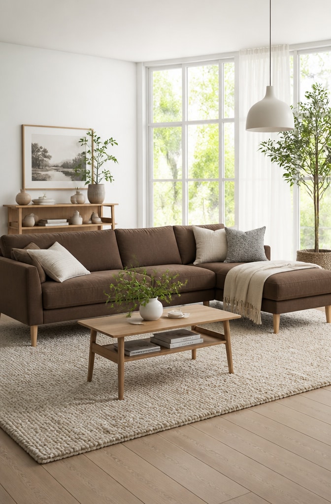 Scandinavian Brown Sectional with Light Accents