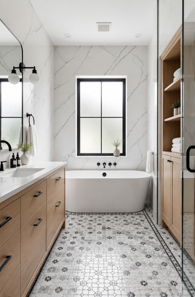 Scandinavian Inspired Black and White Marble Bathroom