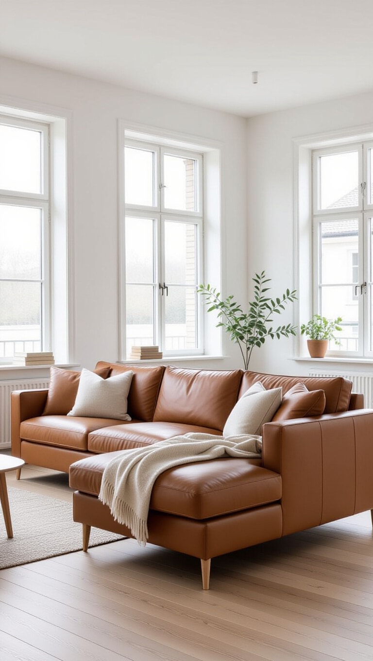 Scandinavian Inspired Brown Leather Sectional