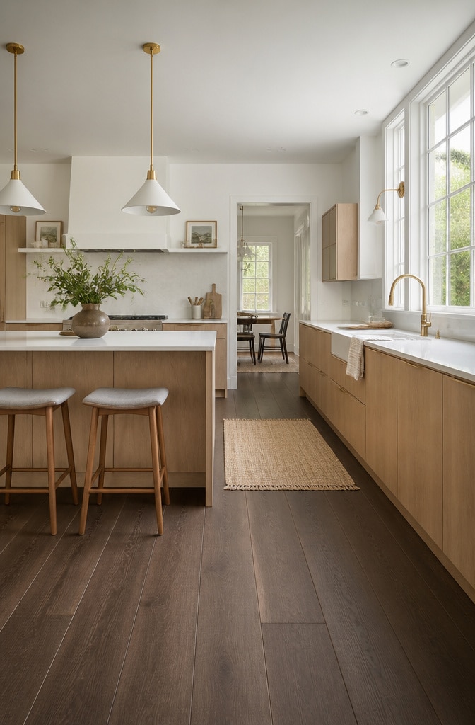 Scandinavian Inspired Kitchen with Dark Brown Flooring