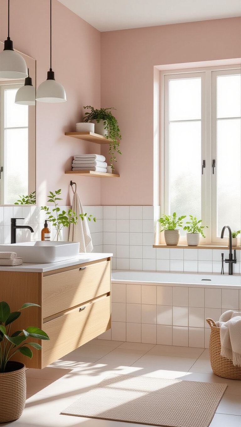 Scandinavian Inspired Pink and Brown Bathroom