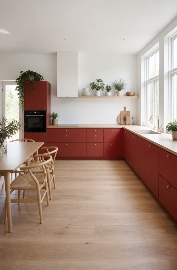 Scandinavian Inspired Red Kitchen Cabinets with Light Wood