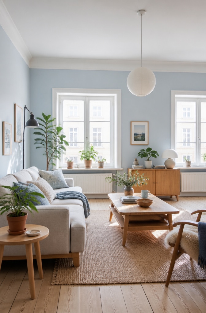 Scandinavian Light Blue and Natural Brown Living Room