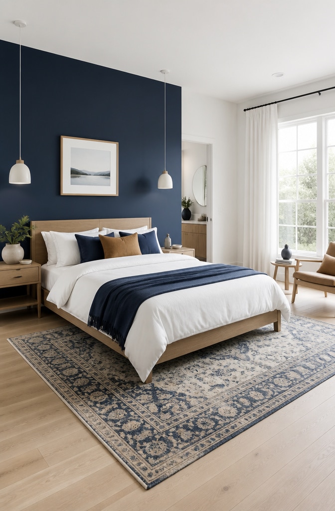 Scandinavian Navy and Brown Bedroom