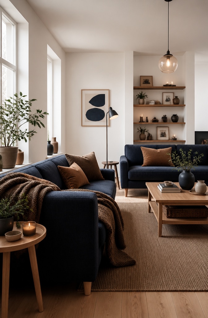 Scandinavian Navy and Brown Hygge Living Room