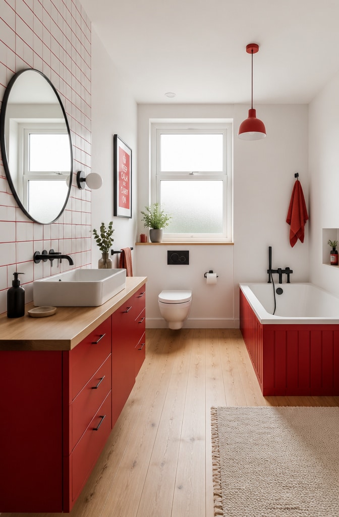 Scandinavian Red and White Bathroom with Natural Wood