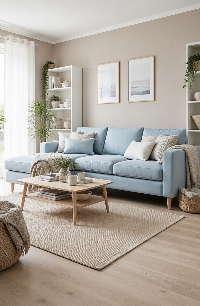 Scandinavian Taupe and Powder Blue Living Room
