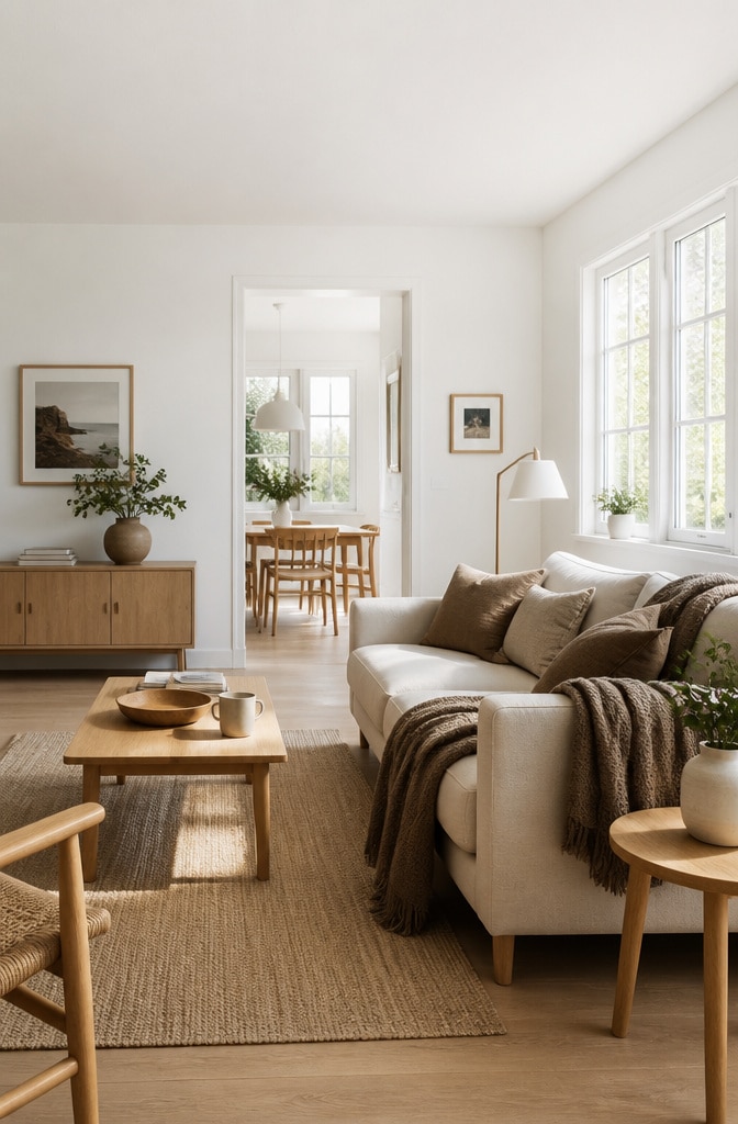 Scandinavian White and Brown Living Room