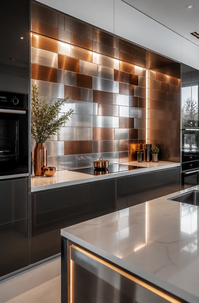 Shimmering Metallic Tile Splashback