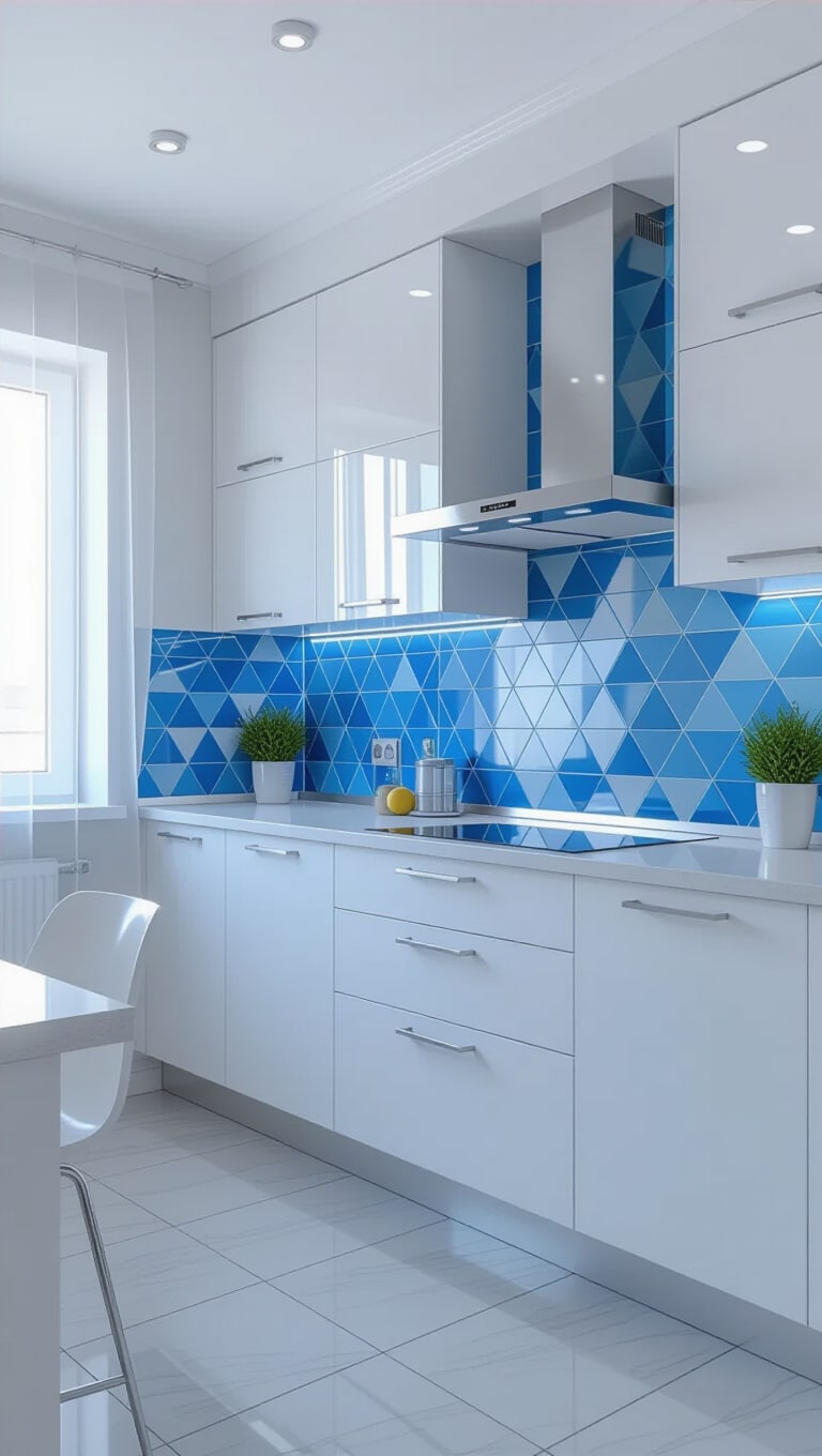 Sky Blue Geometric Patterned Kitchen Tiles