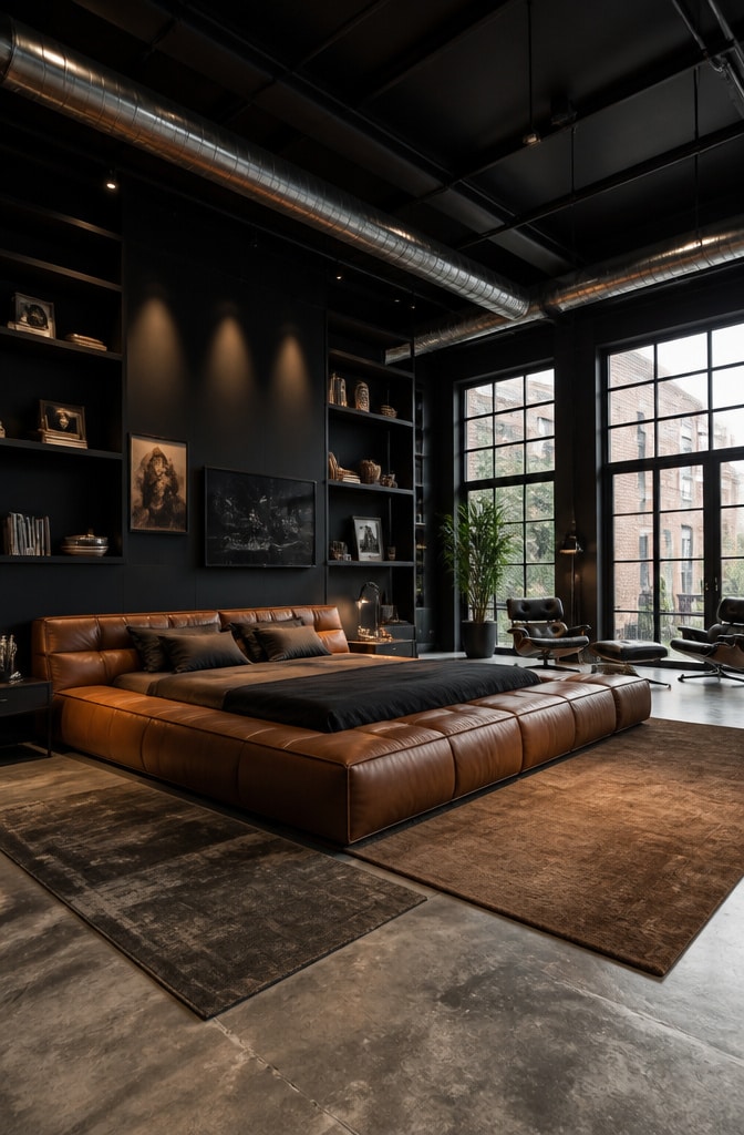 Sleek Black and Mocha Brown Urban Loft Bedroom