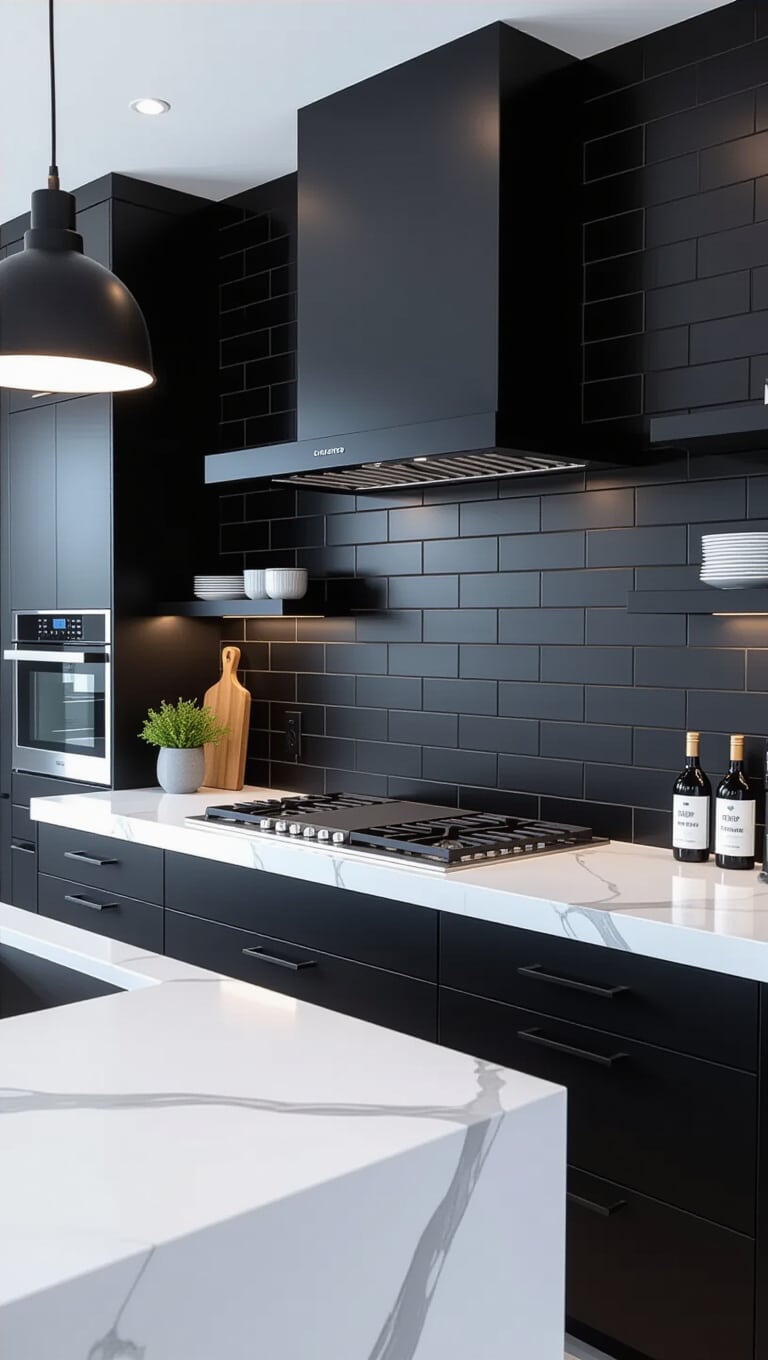 Sleek Black Matte Tile Backsplash