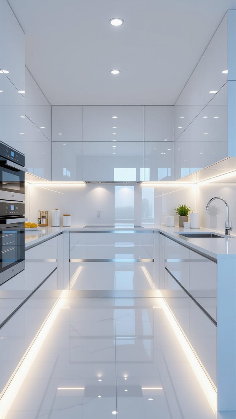 Sleek White Glossy Slab Kitchen Tiles