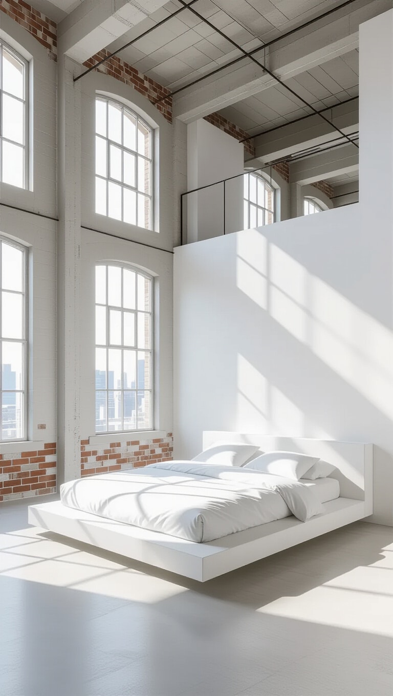 Sleek White Minimalist Loft Clean Girl Bedroom