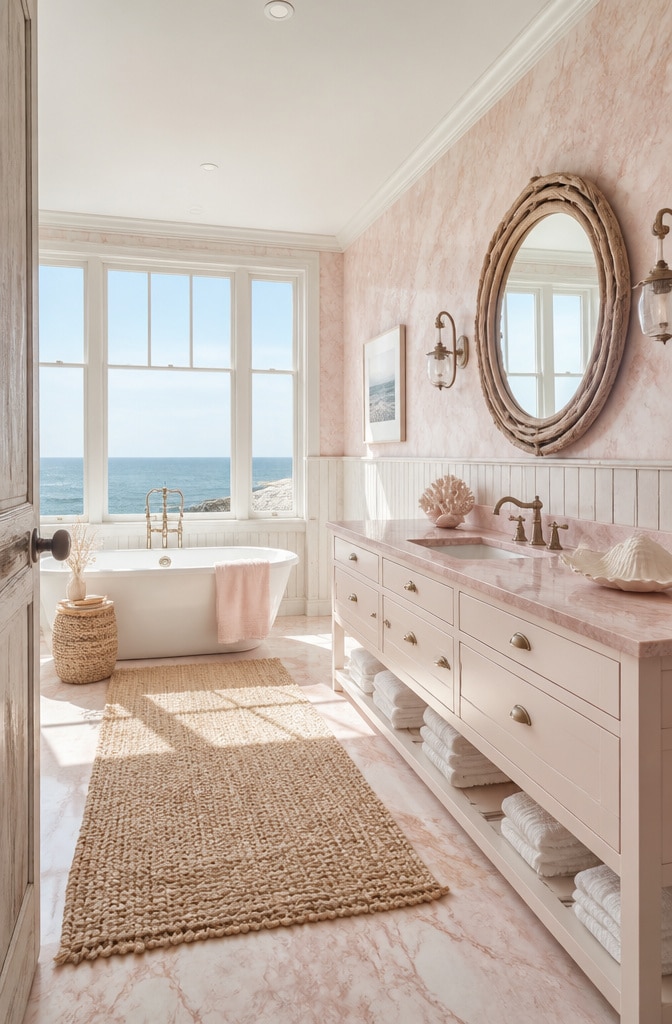 Soft Pastel Pink Marble Beach House Bathroom