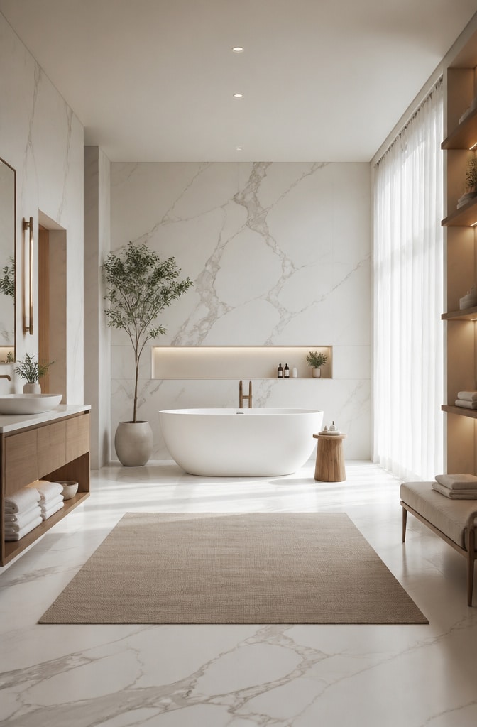 Spa-Inspired White Marble Tile Bathroom