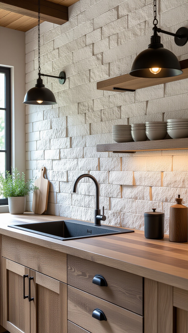 Textured Stone Subway Kitchen Tiles