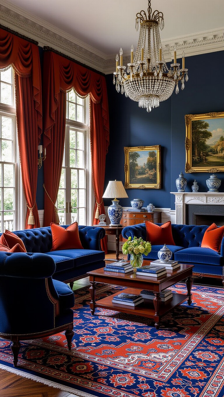 Traditional Blue and Rust Classic Living Room