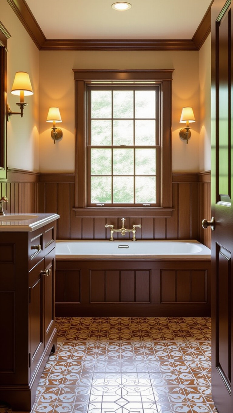 Traditional Brown Wood and Tile Bathroom