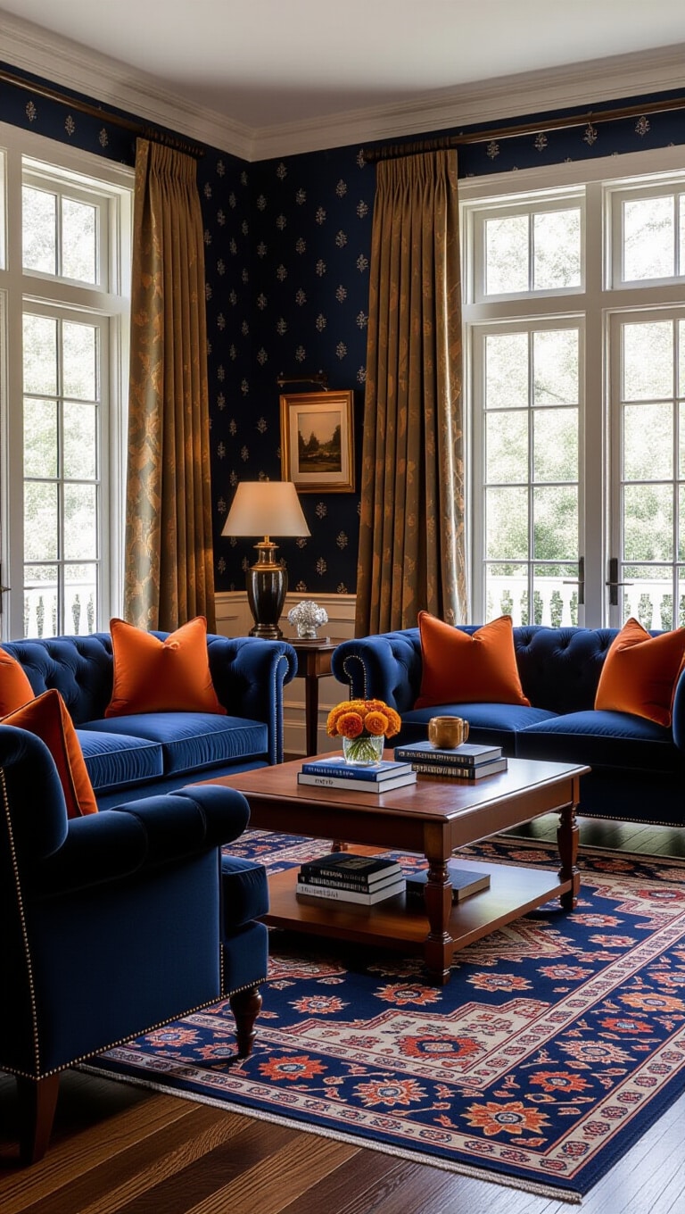 Traditional Dark Blue Living Room with Warm Accents