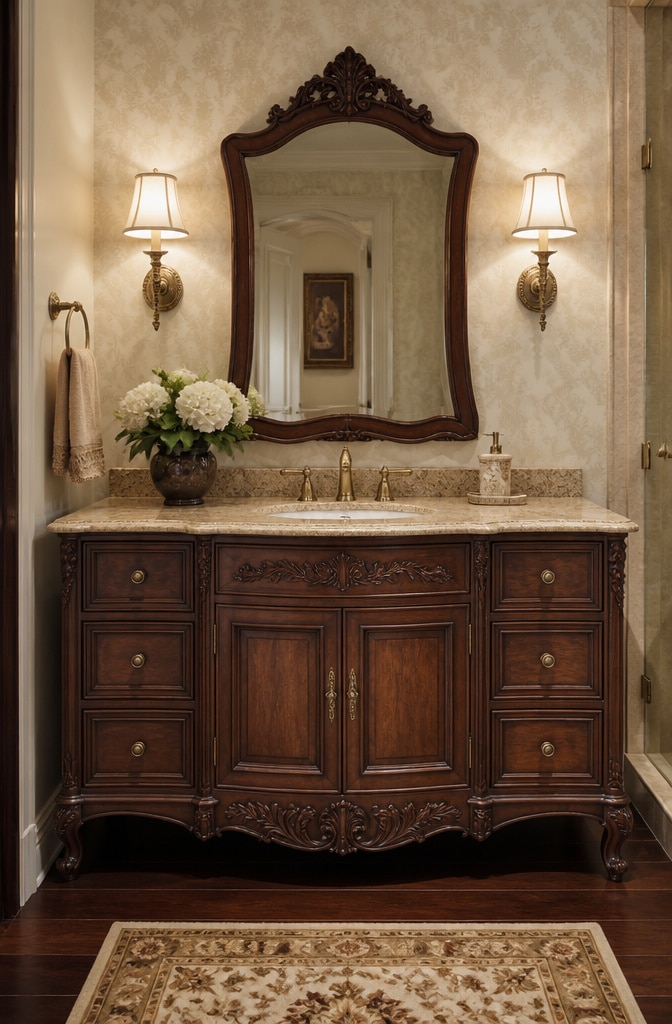 Traditional Dark Brown Vanity with Elegant Carvings