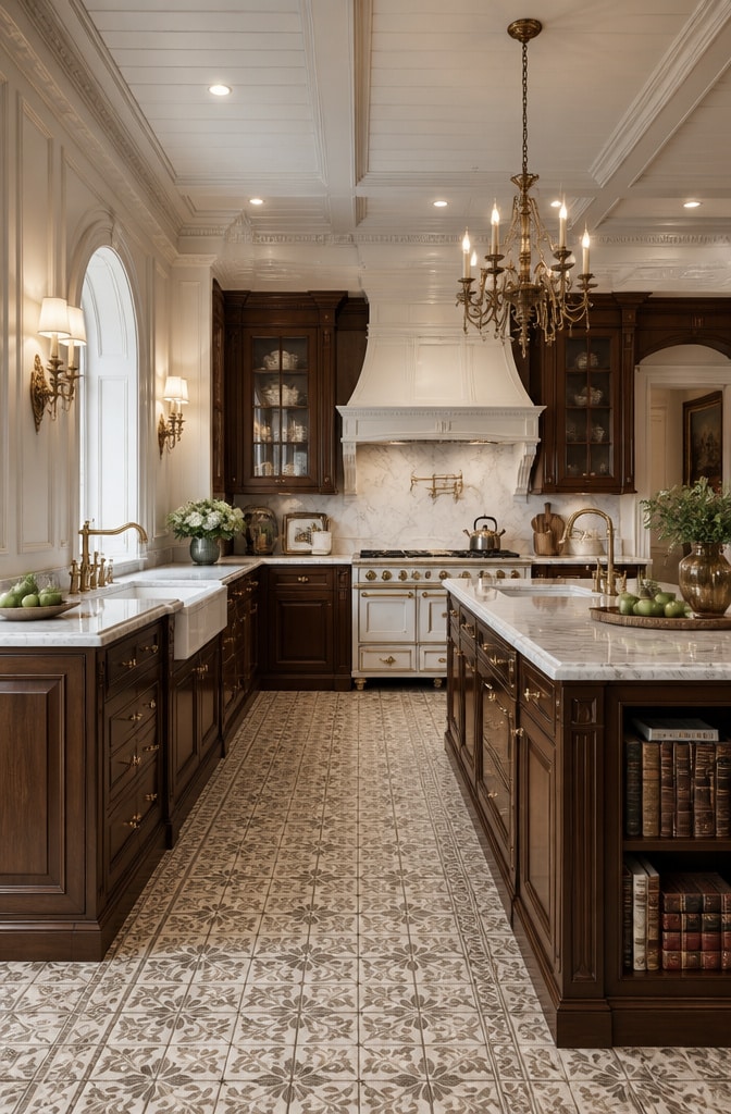 Traditional Dark Brown Wood and White Kitchen