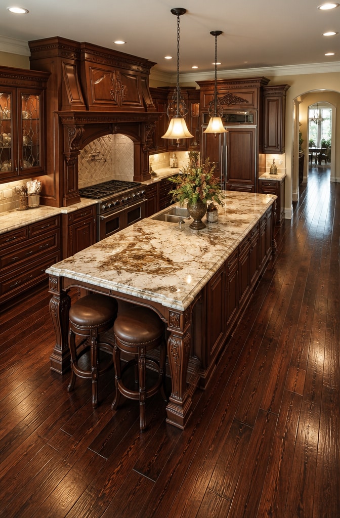 Traditional Elegance Kitchen with Dark Brown Flooring