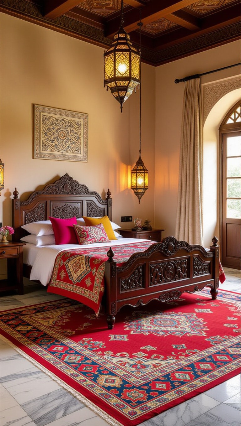 Traditional Indian Red Rug Bedroom
