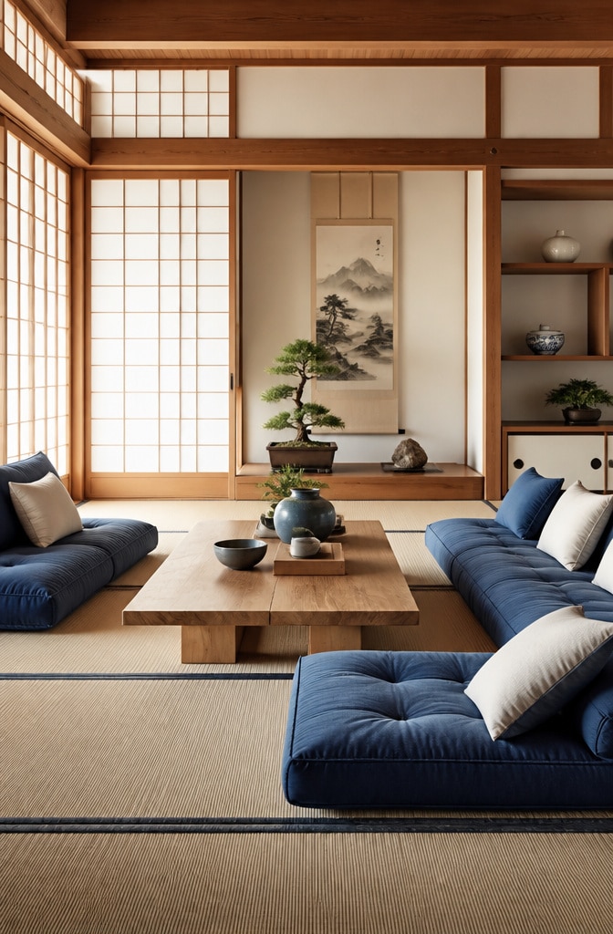 Traditional Japanese-Inspired Blue and Cream Living Room
