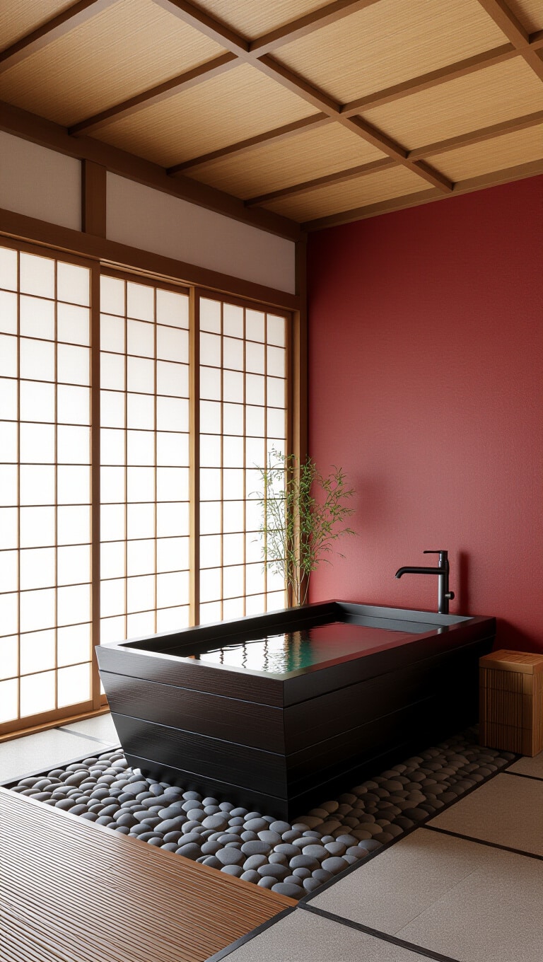 Traditional Japanese-Inspired Red Bathroom