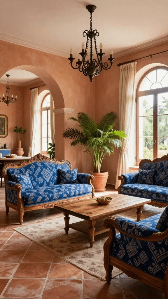 Traditional Mediterranean Blue and Terracotta Living Room