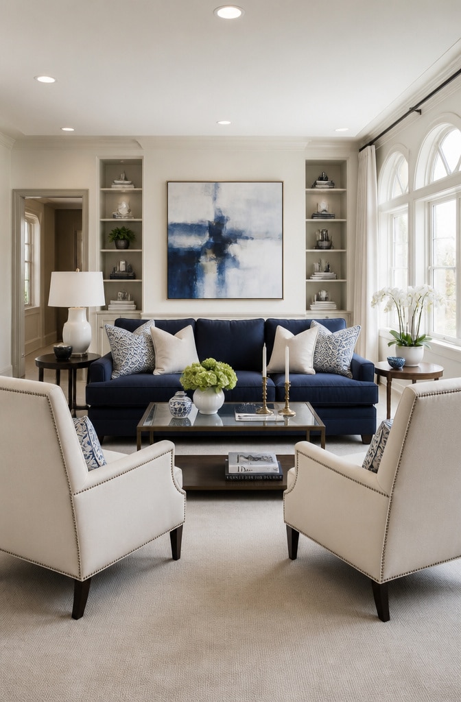 Transitional Blue and Cream Sophisticated Living Room
