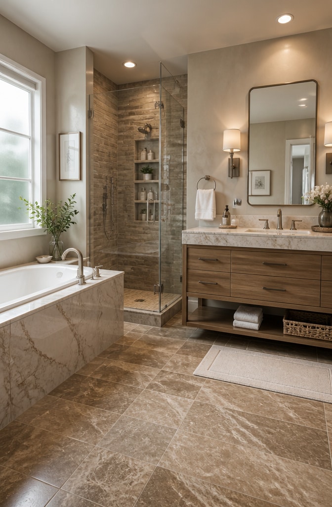 Transitional Brown Marble Bathroom with Mixed Textures