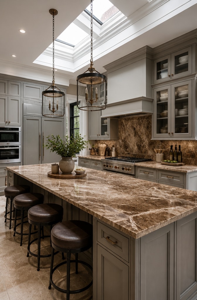 Transitional Brown Marble Kitchen with Mixed Metals