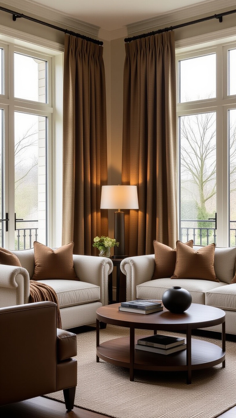 Transitional Brown Textured Curtains Living Room