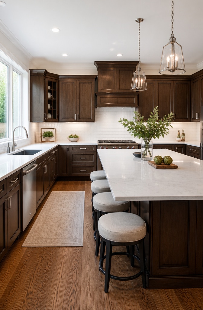 Transitional Dark Brown and White Kitchen