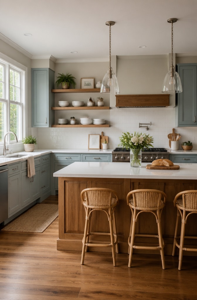 Transitional Duck Egg Blue Kitchen with Warm Wood