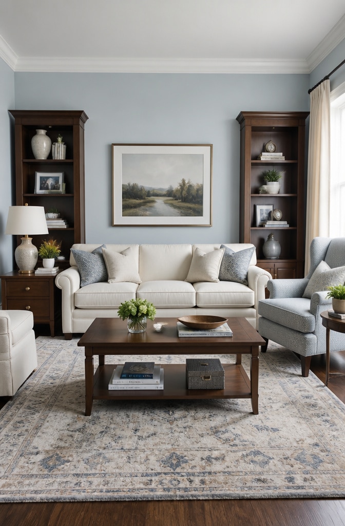 Transitional Light Blue and Walnut Brown Living Room