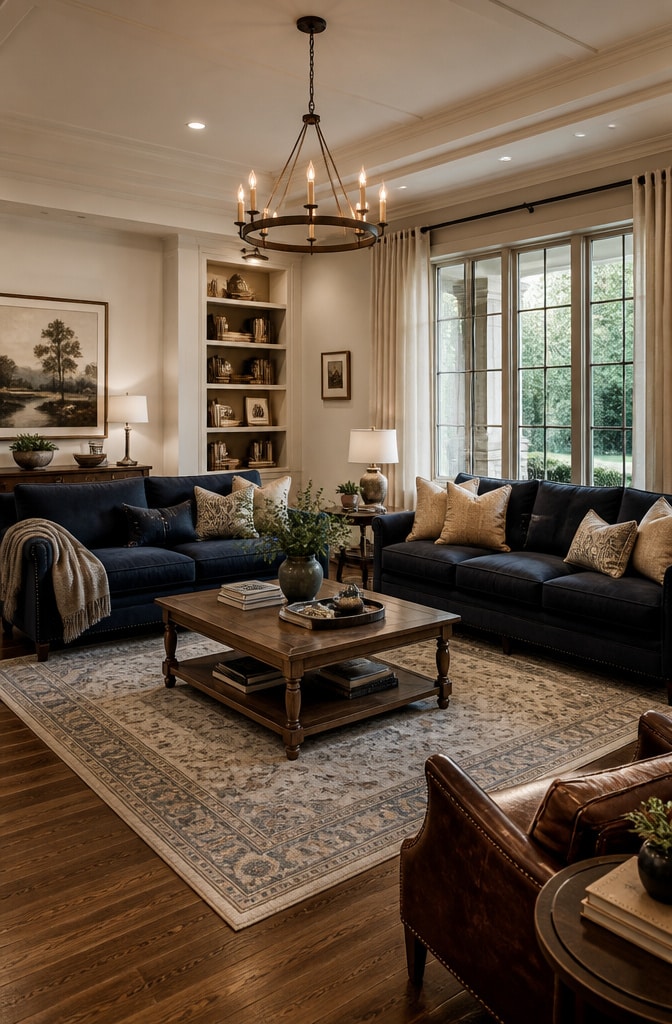 Transitional Navy and Brown Balanced Living Room