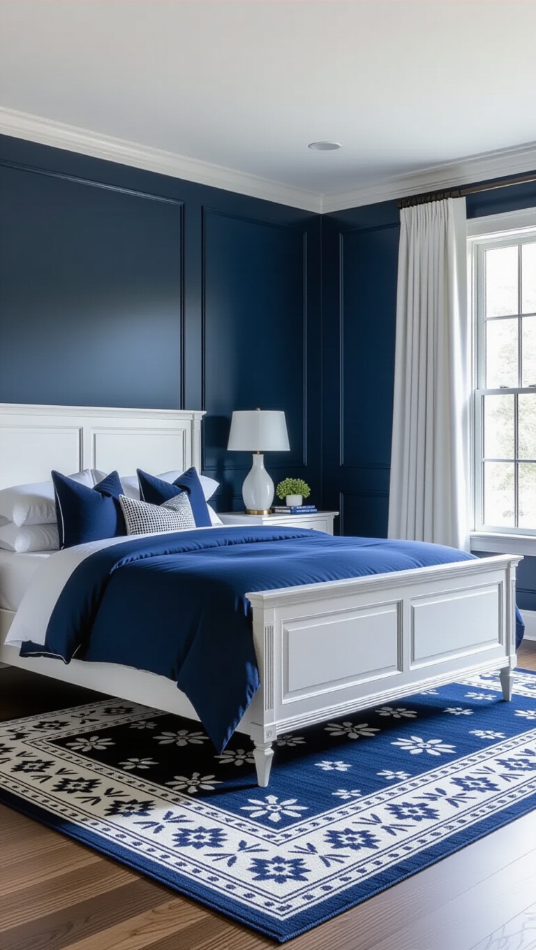 Transitional Navy Blue and White Bedroom