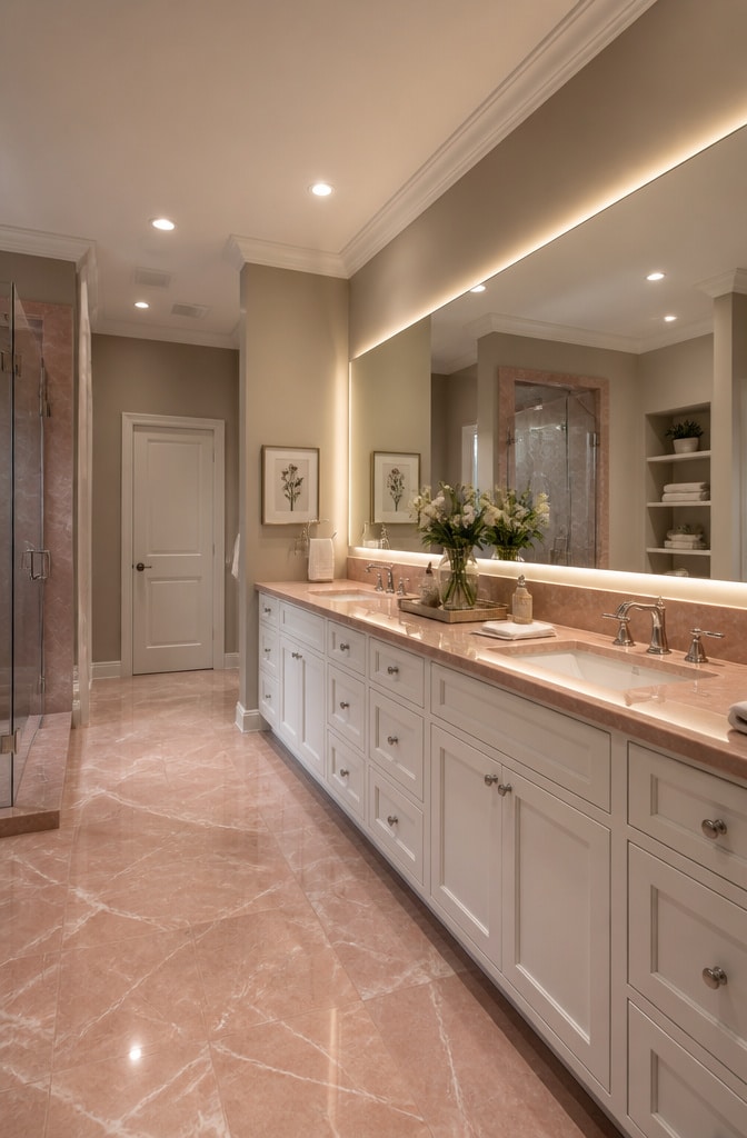 Transitional Pink Marble Family Bathroom