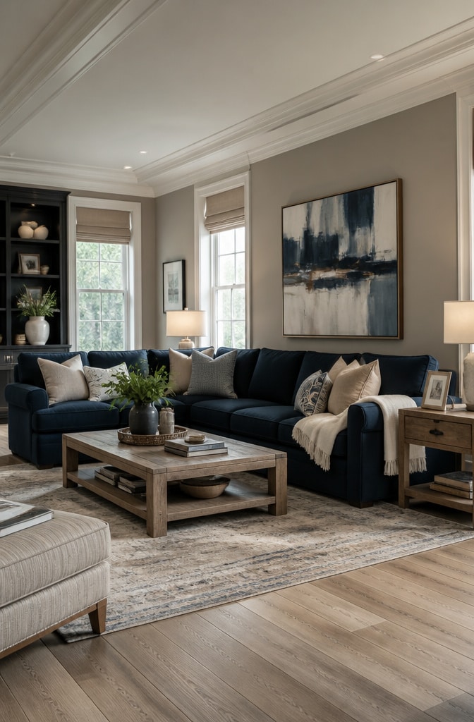 Transitional Taupe and Navy Blue Family Room