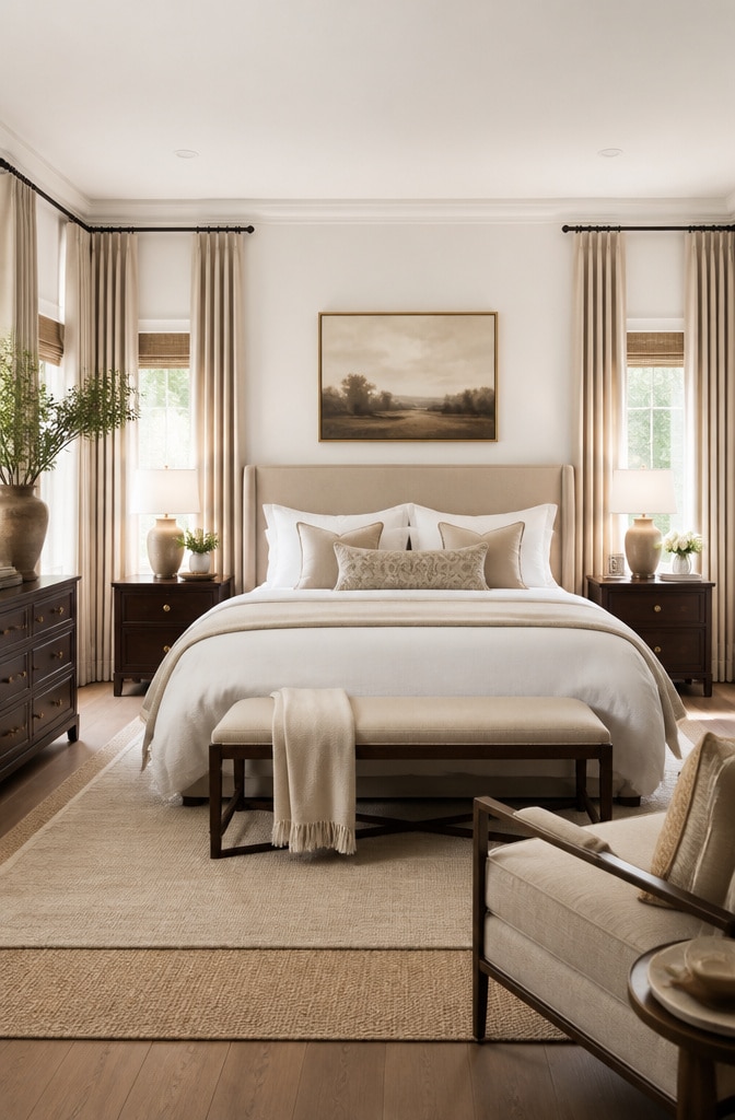 Transitional White and Beige Cozy Bedroom