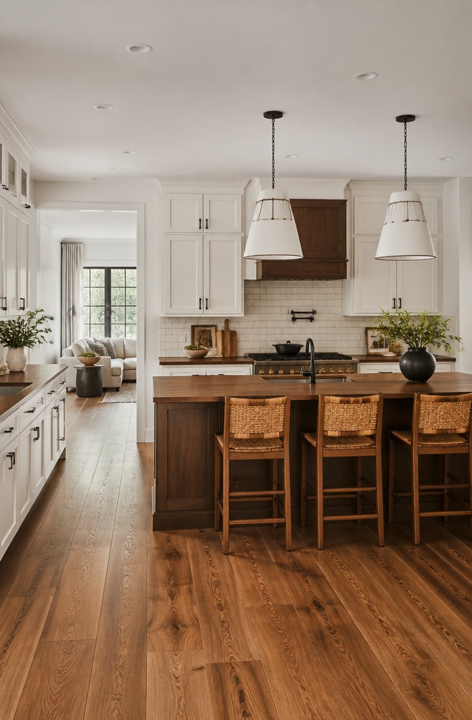 Transitional White and Brown Kitchen Space