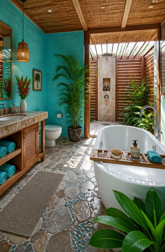 Tropical Blue and Brown Oasis Bathroom