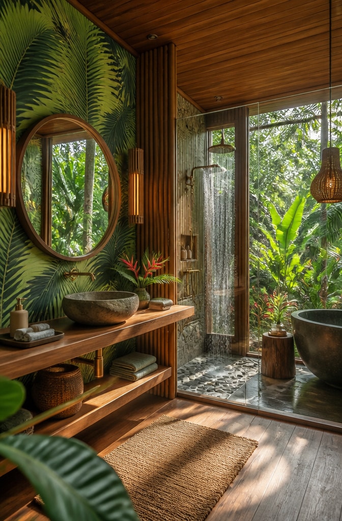 Tropical Brown and Green Oasis Bathroom