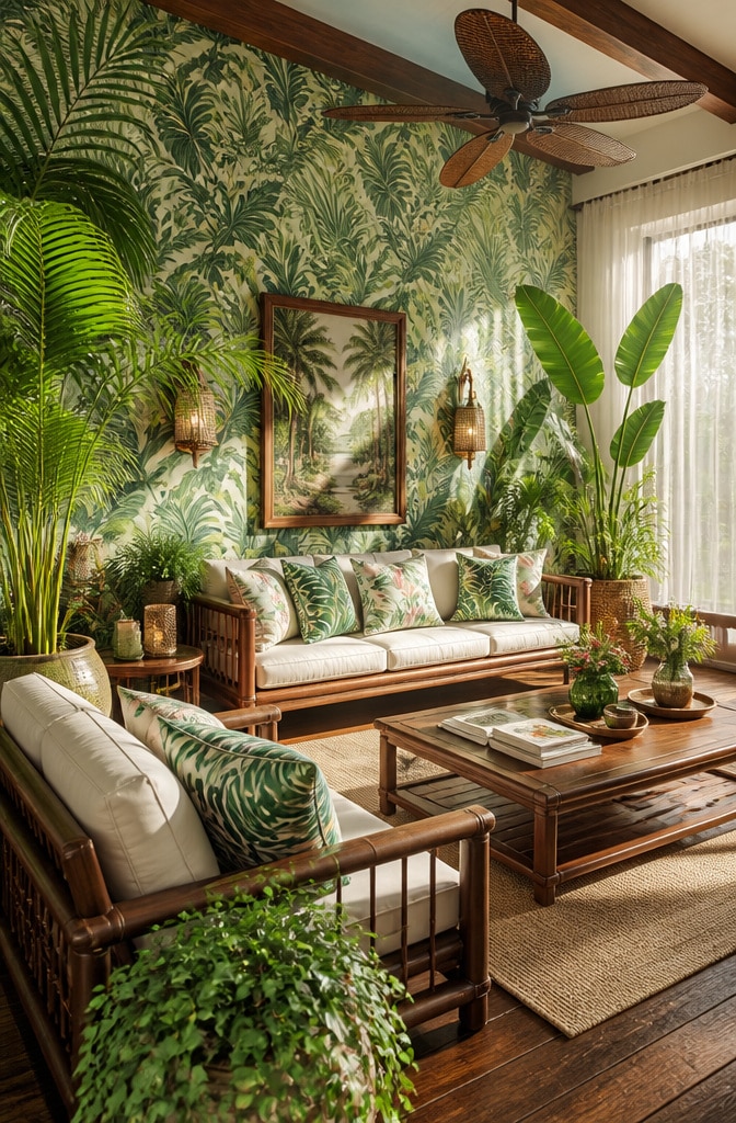 Tropical Brown and Green Oasis Living Room