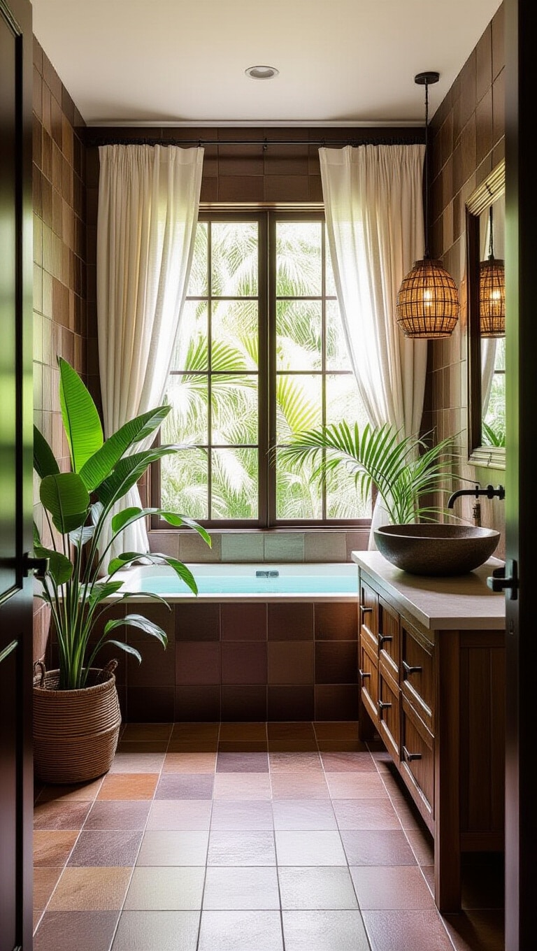 Tropical Dark Brown Tile Bathroom Escape