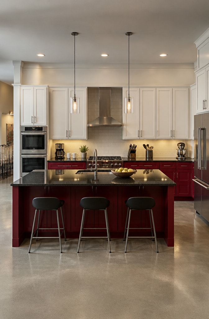 Two-Tone Red and White Kitchen Cabinets