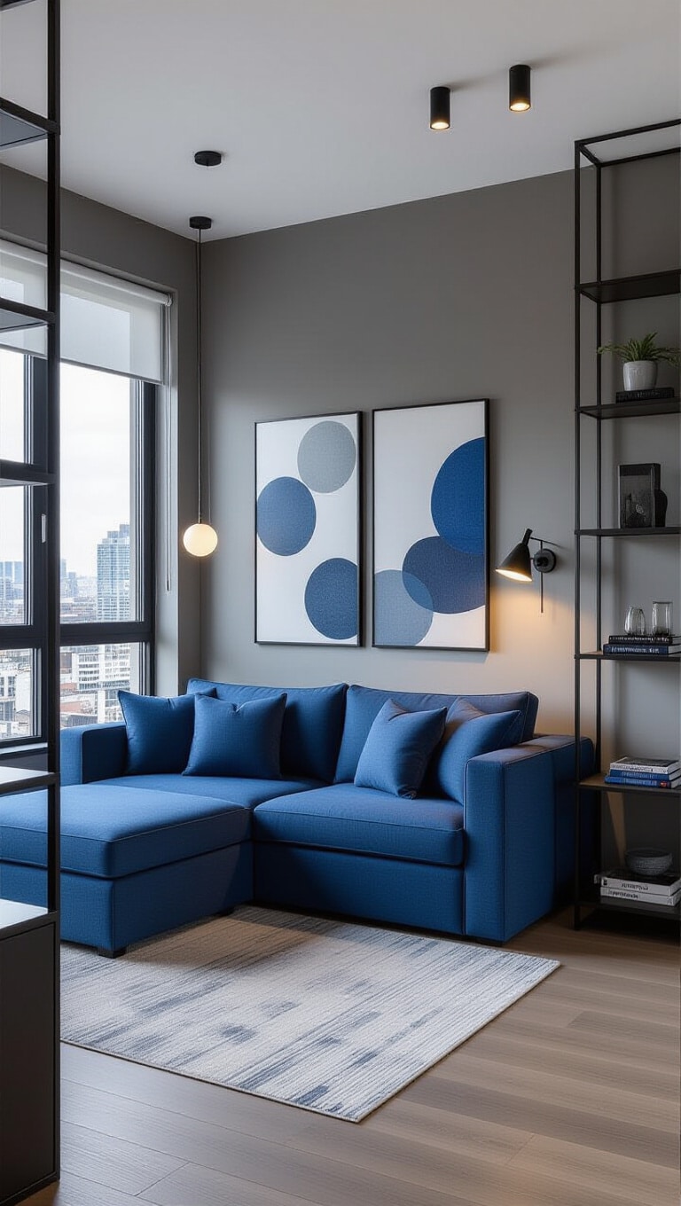 Urban Chic Blue and Gray Apartment Living Room